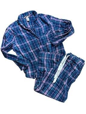 Victoria's Secret Shimmer Plaid Flannel Classic Pajama Set - Blue/Purple - Small